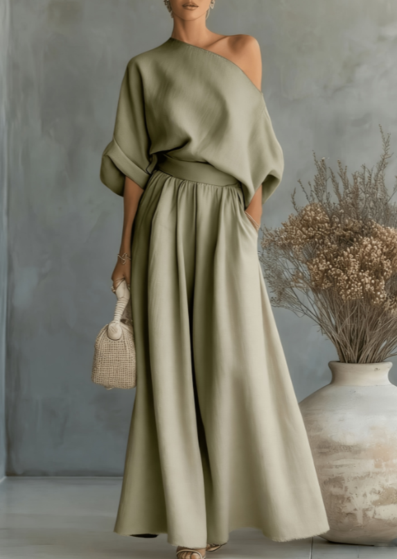Lazy Style One Shoulder Linen Co-ord Set, Loose Half Sleeve Top High Waist Flowy Wide Leg Pants Vacation Outfit
