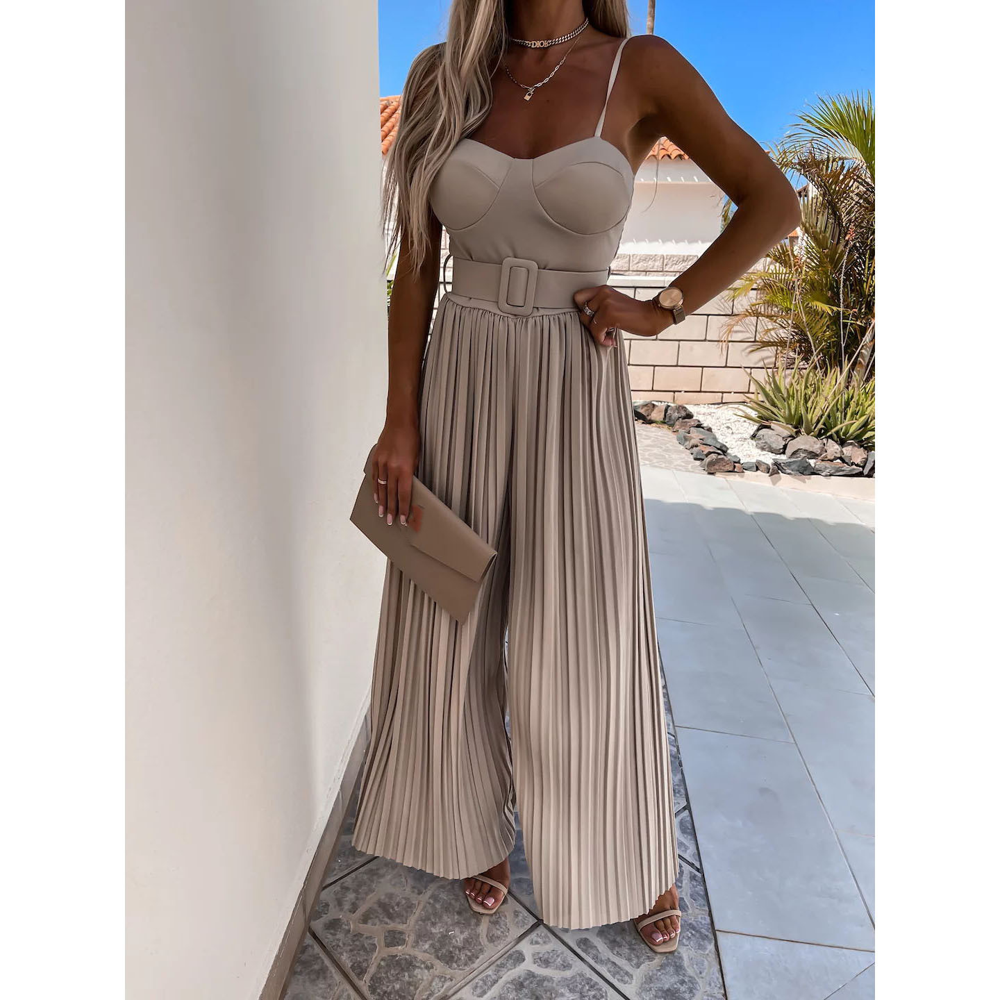Women Pleated Jumpsuit Solid Color Spaghetti Strap Casual Summer Outfit