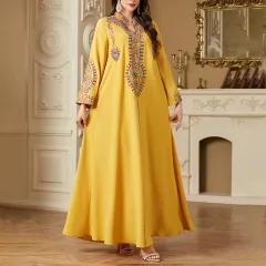 Elegant Women's Long Sleeve Floor-Length Dress - Stand Collar With Geometric Print & Sequins Detail Dress For Casual&Party Wear - Yellow - View 1