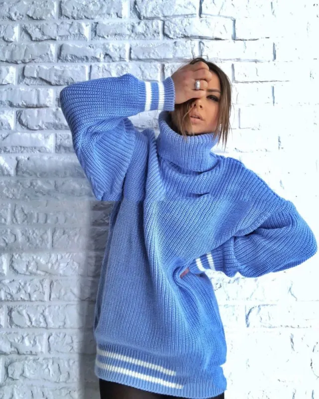 European And American Women's Large Striped Loose High Neck Sweater Women Light Blue - Shop at LoveMi