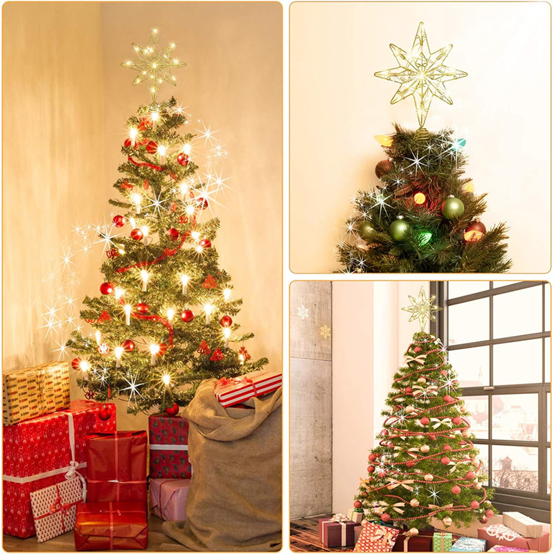 Christmas Tree Star Topper Eight-Pointed Golden Ornament Festival Treetop Decor — image 4