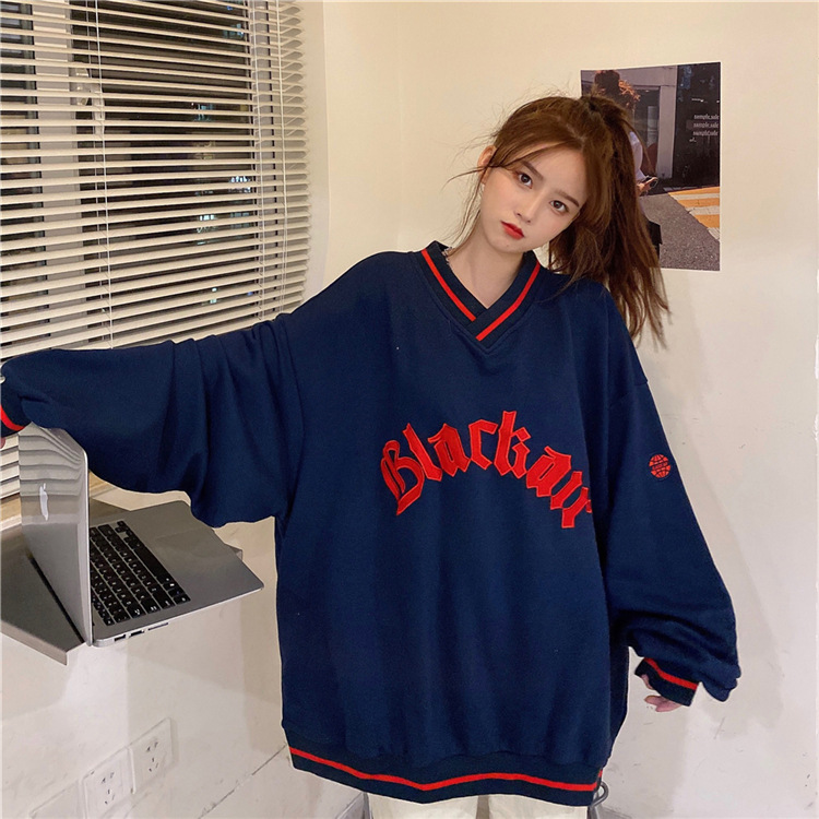 Letter Fleece Colorblock V-Neck Baseball Jacket Women's