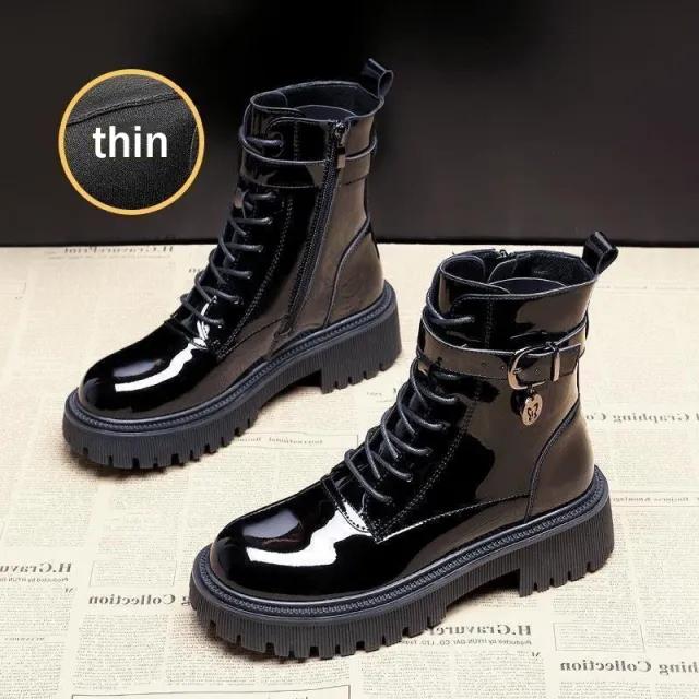 Block heeled Mid tube Patent Leather Boots Black - Shop at LoveMi