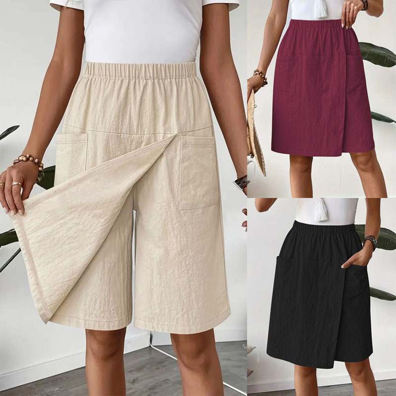 Women's Casual Elastic Waist Skort With Pockets Lightweight Wrap Front Knee-Length Shorts For Summer