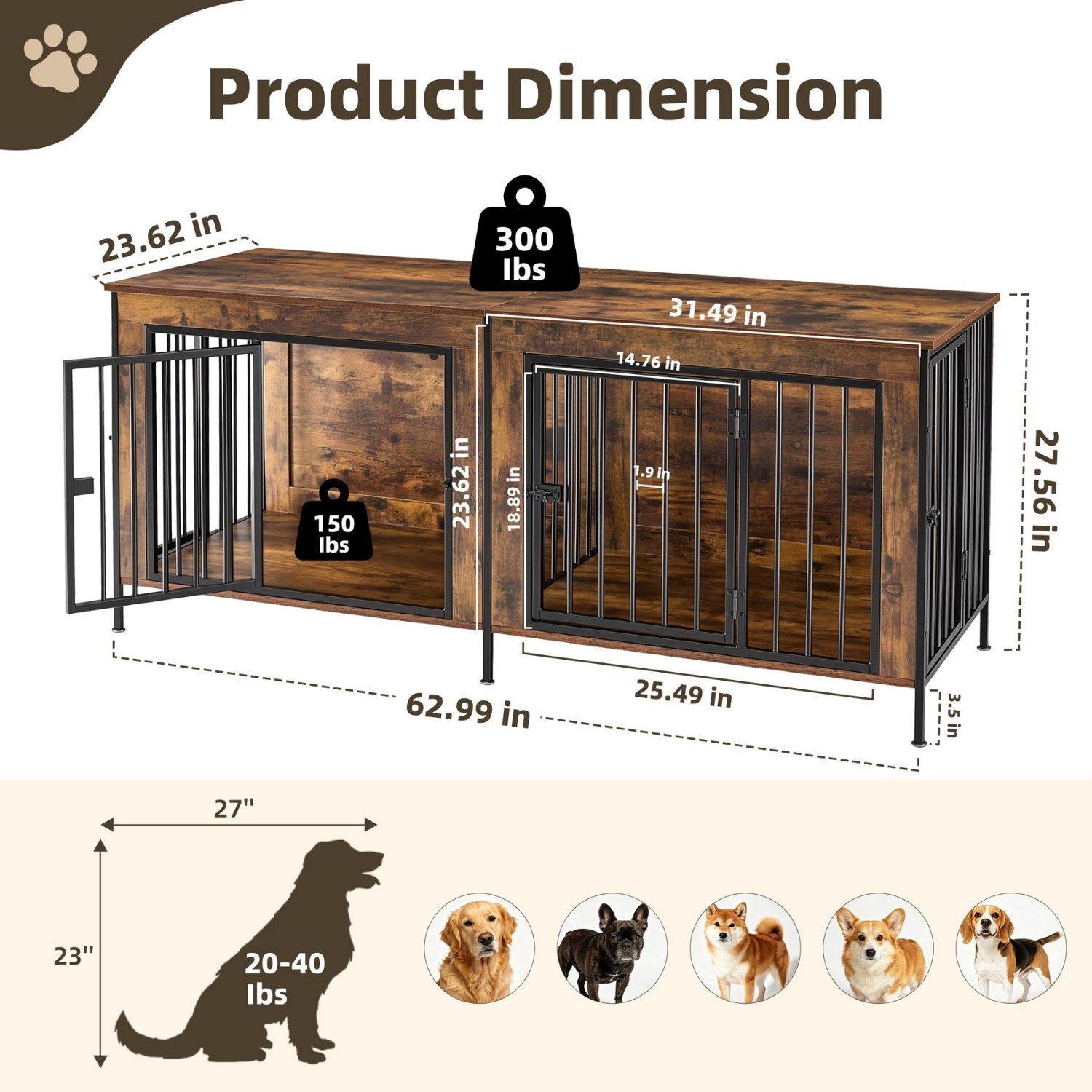 Double Dog Crate Furniture With Divider, Heavy Duty Pet Kennel End Table TV Stand, Extra Large Double Door 6