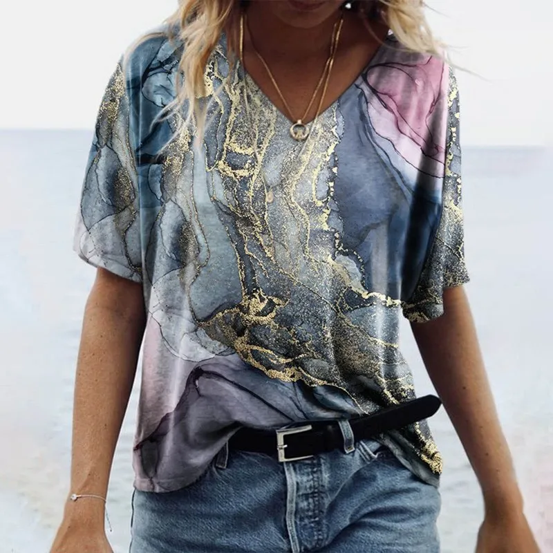 V Neck Short Sleeve Printed T Shirt - Rr22061704