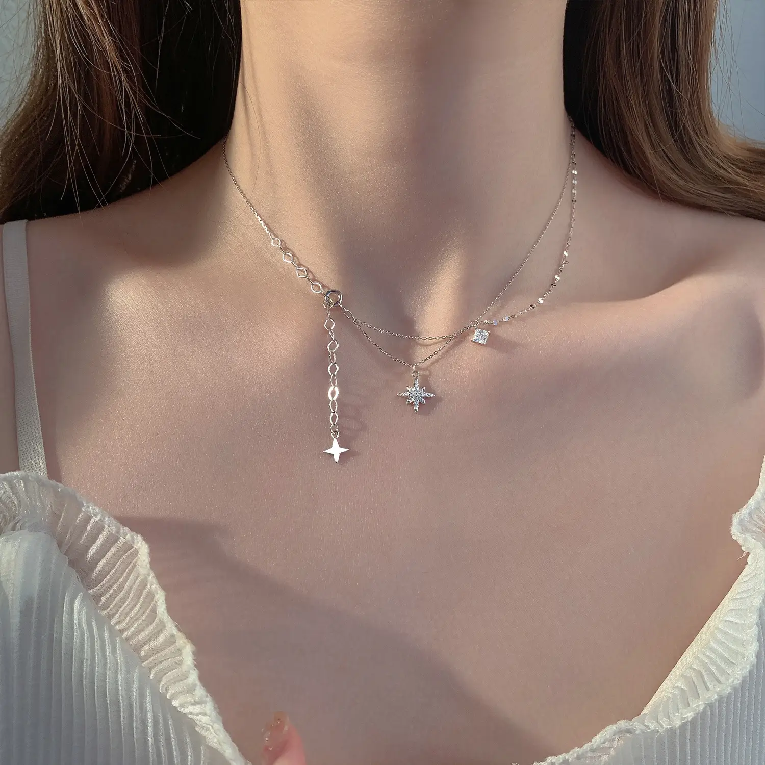 Women's Fashion Sterling Silver Sparkling Diamond Hexagram Necklace