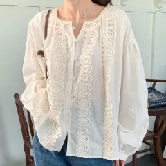 Autumn New Round Neck Special-interest Design Lace Stitching Long-sleeved Shirt - Apricot - View 1