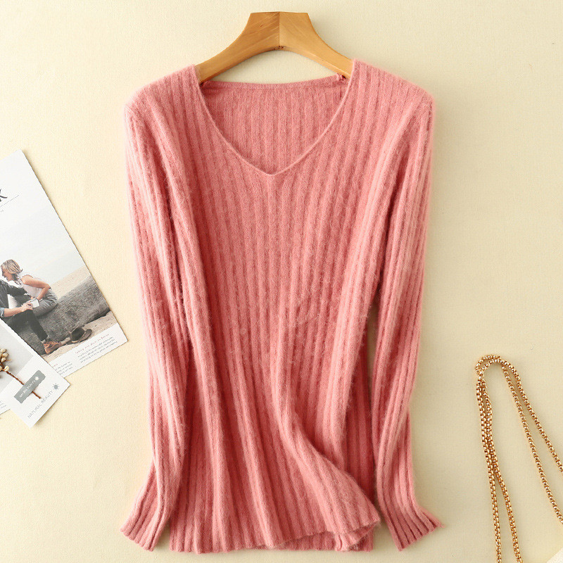 V-neck Slim-fit Hedging Thick Pitted Cashmere Short Mink Knit