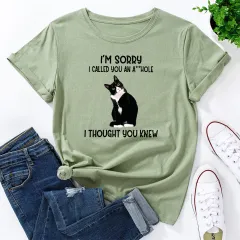 Cute Letter Cat Print Loose Round Neck Short Sleeve T-shirt Women - Olive - View 1