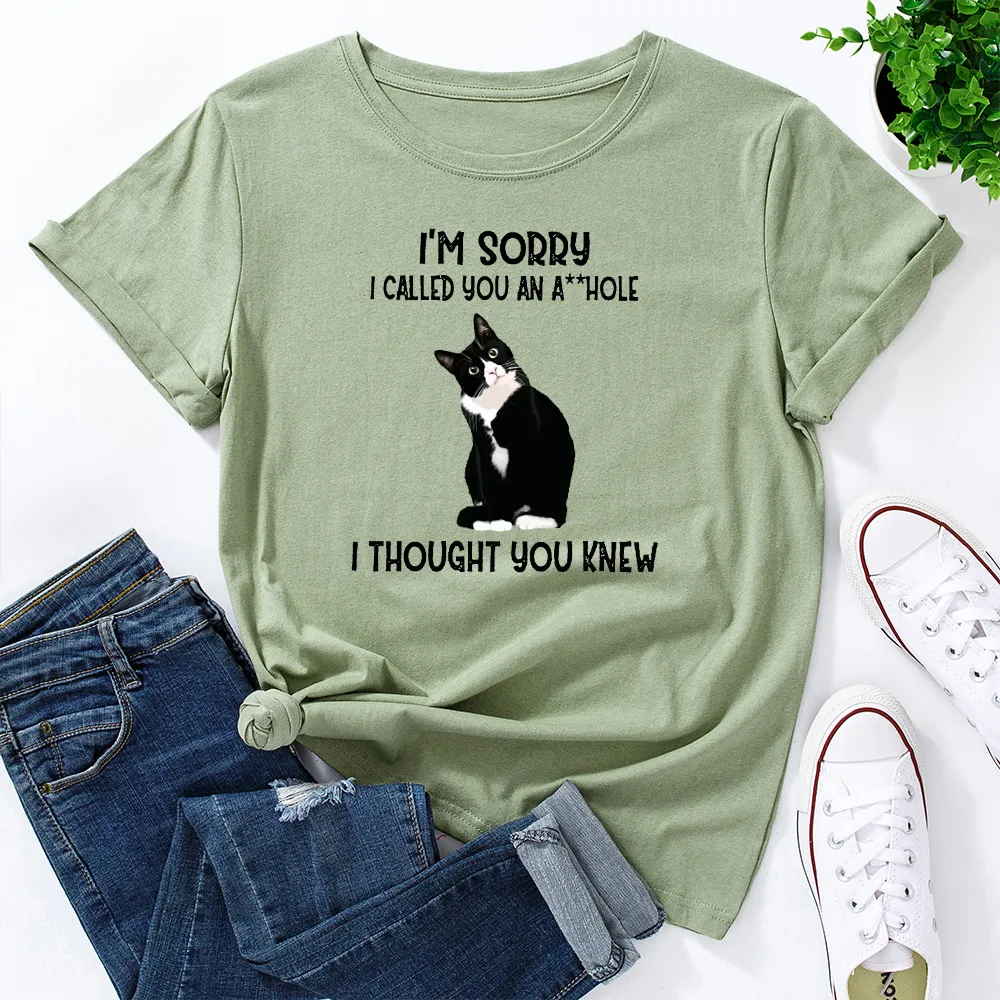 Cute Letter Cat Print Loose Round Neck Short Sleeve T-shirt Women - Olive