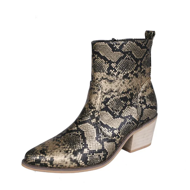 Snake Print Square Toe Thick Heel Sexy Short Boots With Side Zipper Yellow - Shop at LoveMi