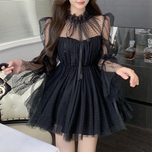 Long sleeve Lace up Stand Collar Dress Black - Shop at LoveMi