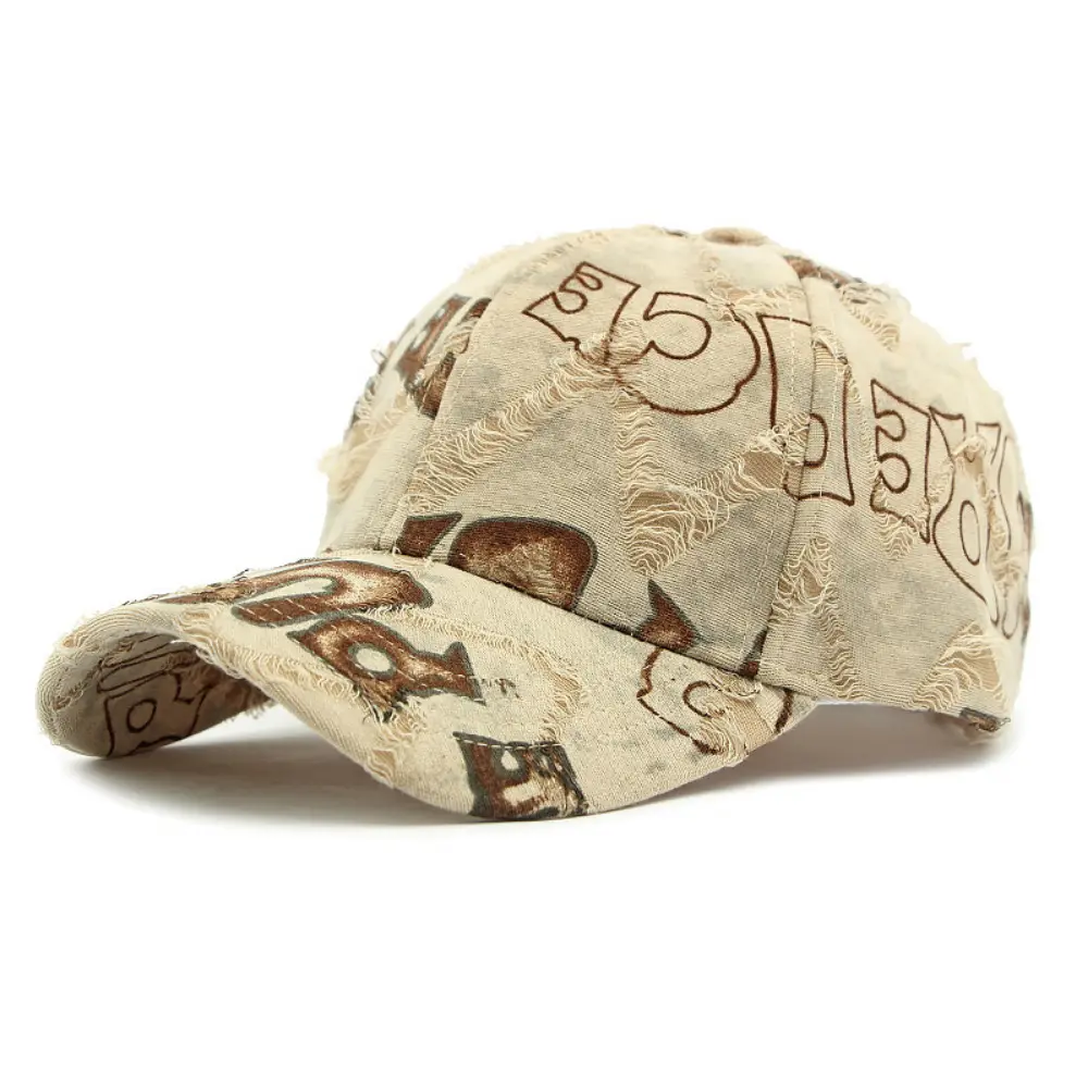 Men's And Women's Fringed Letter Vintage Distressed Short Beard English Print Soft Top Baseball Cap For Street Trendy Daily Wear