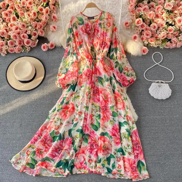 Feminine Round Neck Printed Over Knee Swing Holiday Chiffon Dress Red - Shop at LoveMi