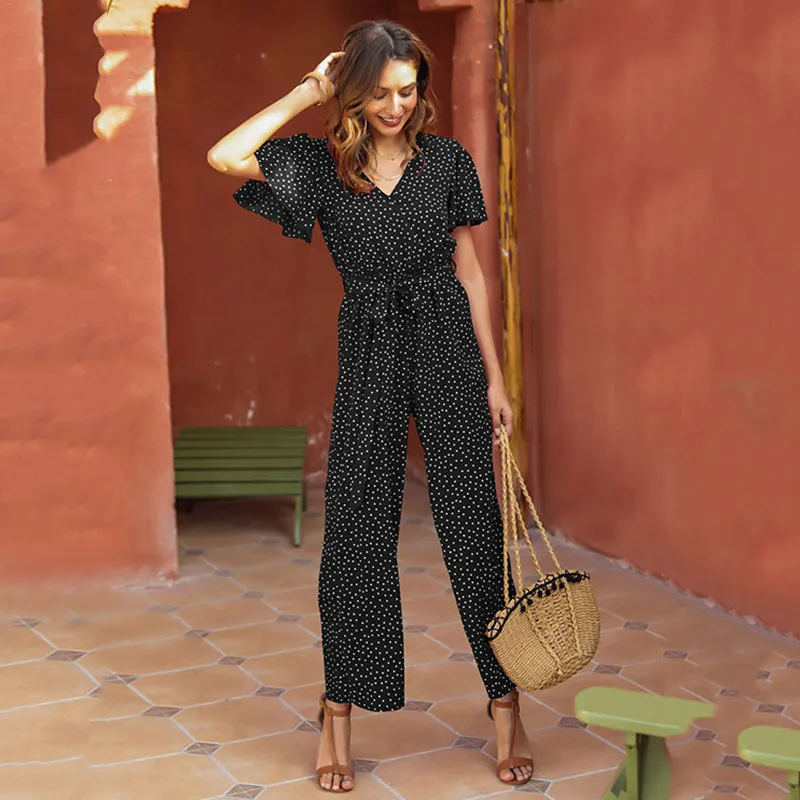High-waist Lace-up Polka-dot Print Fashion Trousers - Black