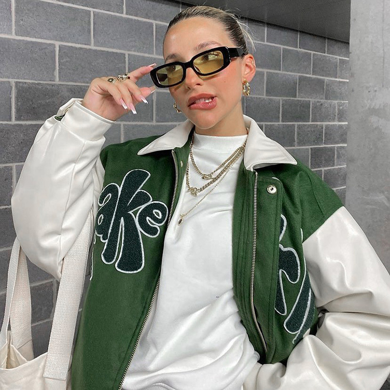 Lapel Letter Embroidery Contrast Color Design Zipper Jacket With Pockets