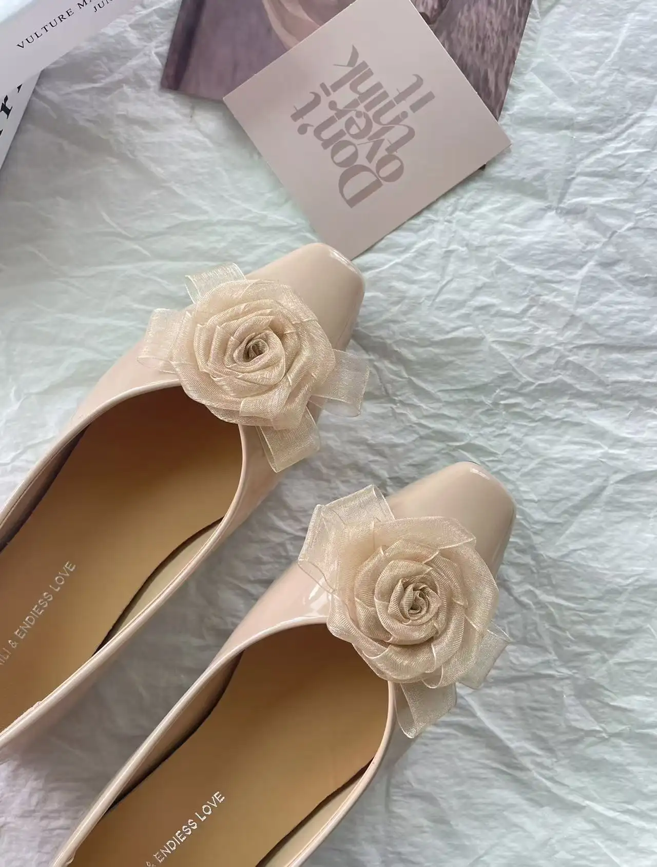 2026 Summer French Style Patent Leather Flats Women, Square Toe Shallow Shoes With 3D Mesh Rose, Slip-on Elegant Daily Ballet Shoes