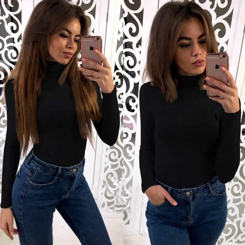 Long Sleeve Turtleneck Base Shirt Lady Tops Fall Pullover - Black