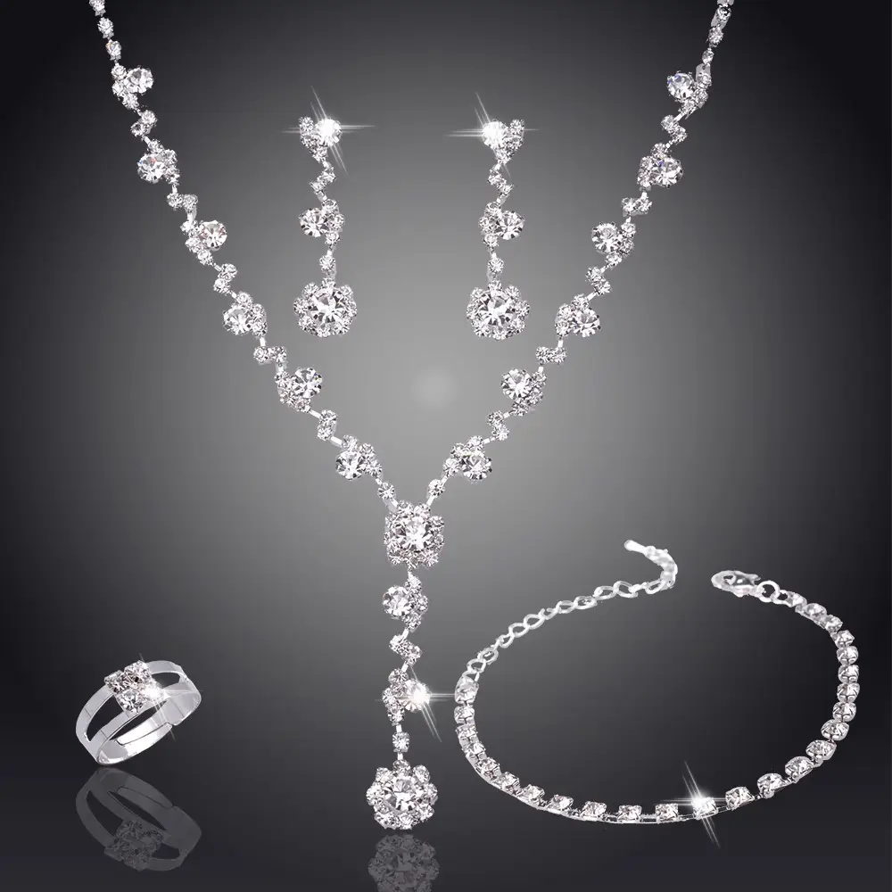 Silver Color Tone Crystal Tennis African Jewelry Set Earri Ng