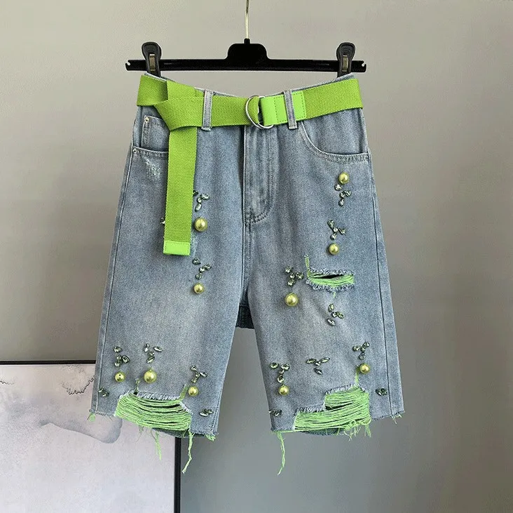 High Waisted Loose Fitting Slim Studded Denim Shorts - Green