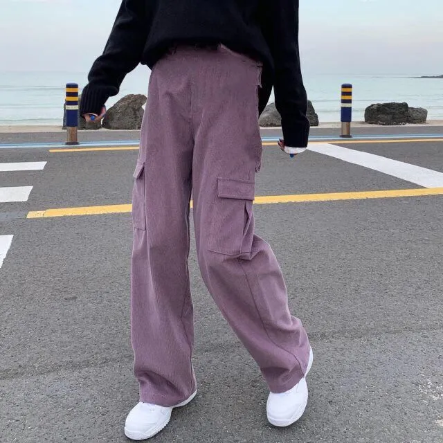 Corduroy Women's Vintage Pocket Cargo Pants Loose Wide Leg Lotus Root Pink - Shop at LoveMi