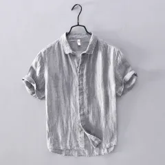 Men's Chinoiserie Vintage Pleated Linen Shirt - Grey - View 1