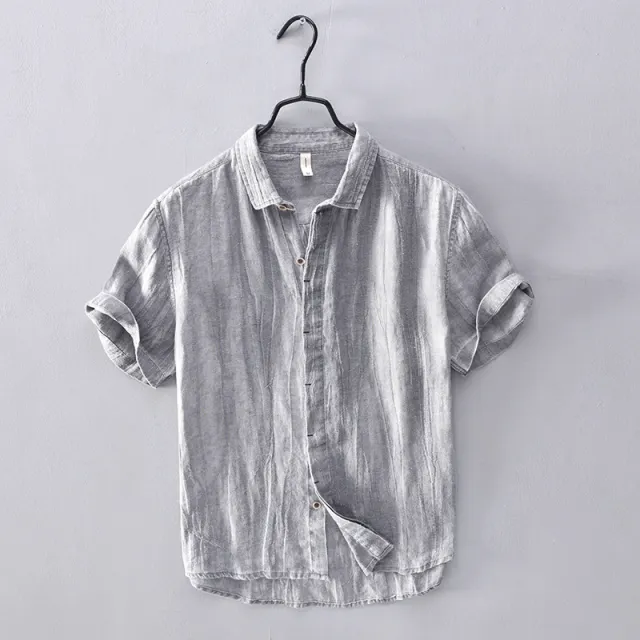 Men's Chinoiserie Vintage Pleated Linen Shirt Grey - Shop at LoveMi