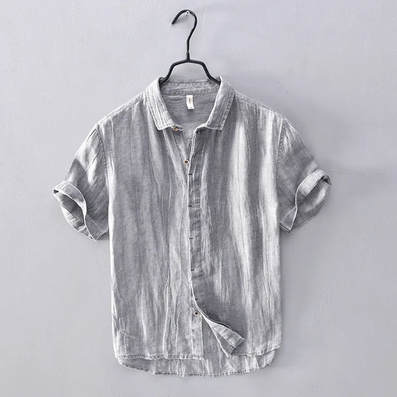 Men's Chinoiserie Vintage Pleated Linen Shirt - Grey