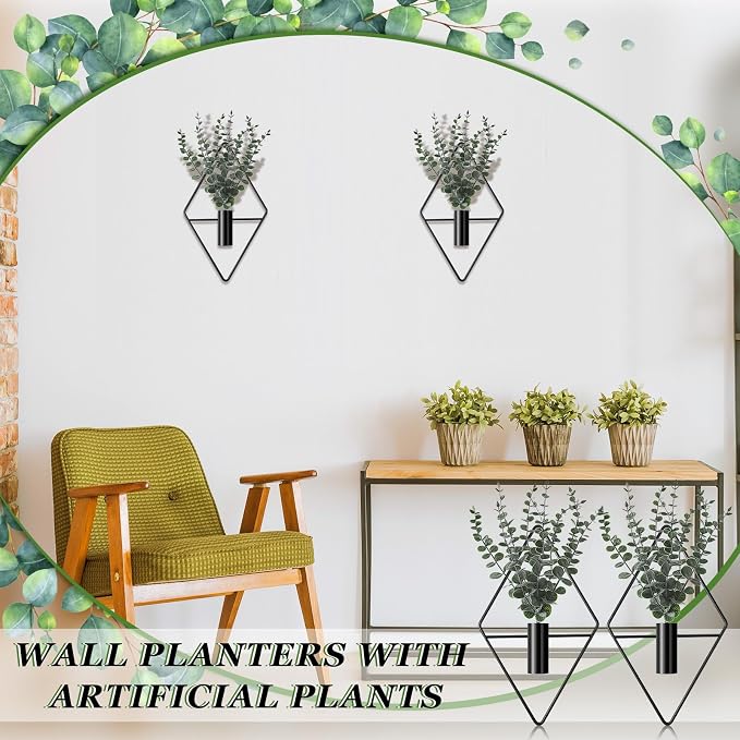 2 Pcs Hanging Artificial Planters Wall Decor With Eucalyptus Leaves Black Home Decoration 5