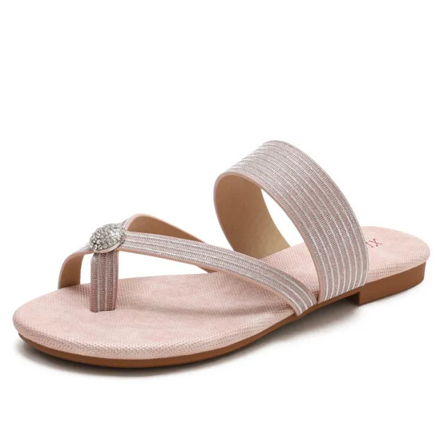 Women's Rhinestone Resort Beach Flat All match Roman Shoe Pink - Shop at LoveMi