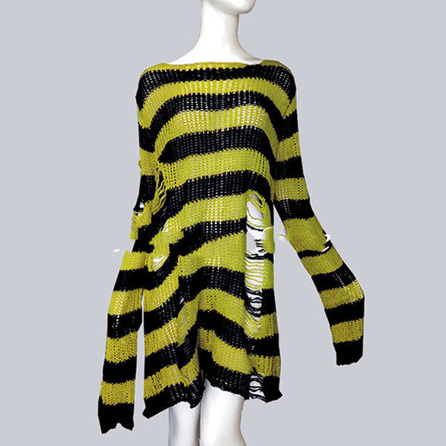 Title 14, Womens Striped Loose Knitwear With Ripped Mid-l...