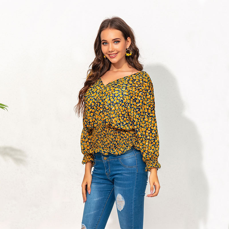 Long-sleeved Deep V-neck Floral Waist Top