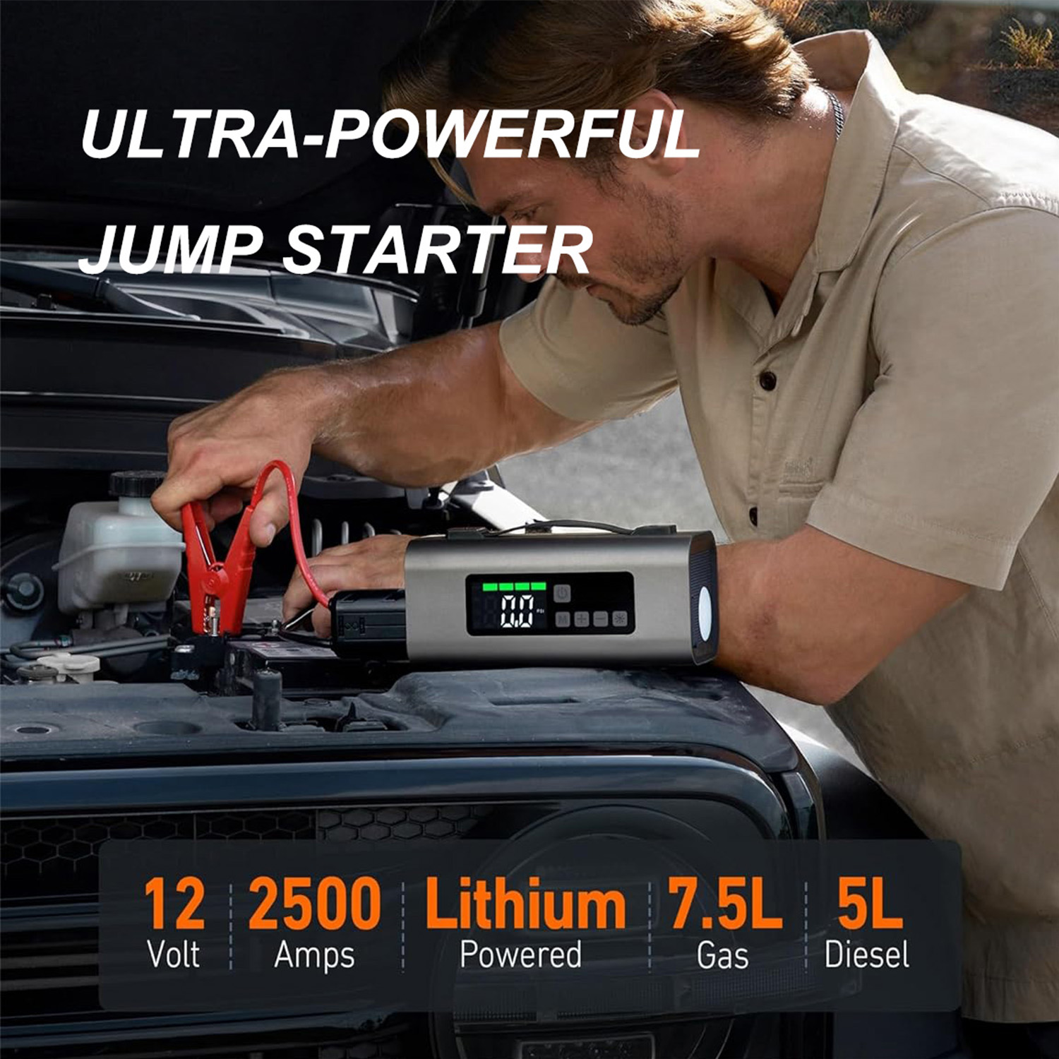 2500A Jump Starter with Air Compressor, 150PSI Tire Inflator, multifunctional tool for road trips. Ultra-Powerful Jump Starter for gas and diesel engines. Advanced Lithium Technology for extra power. Accurate Tire Inflator with fast inflation. Fast Inflat