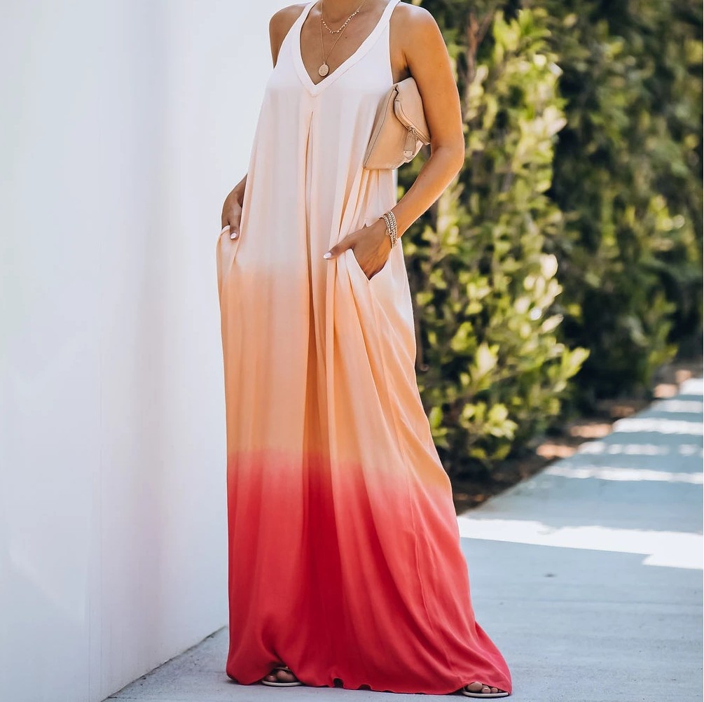 Tie-dye Coral Patchwork Halter Neck Dress