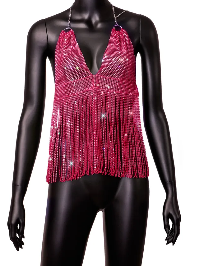 Slim Fit Back European And American Fishnet Rhinestone Tassel Camisole Rose Red - Shop at LoveMi