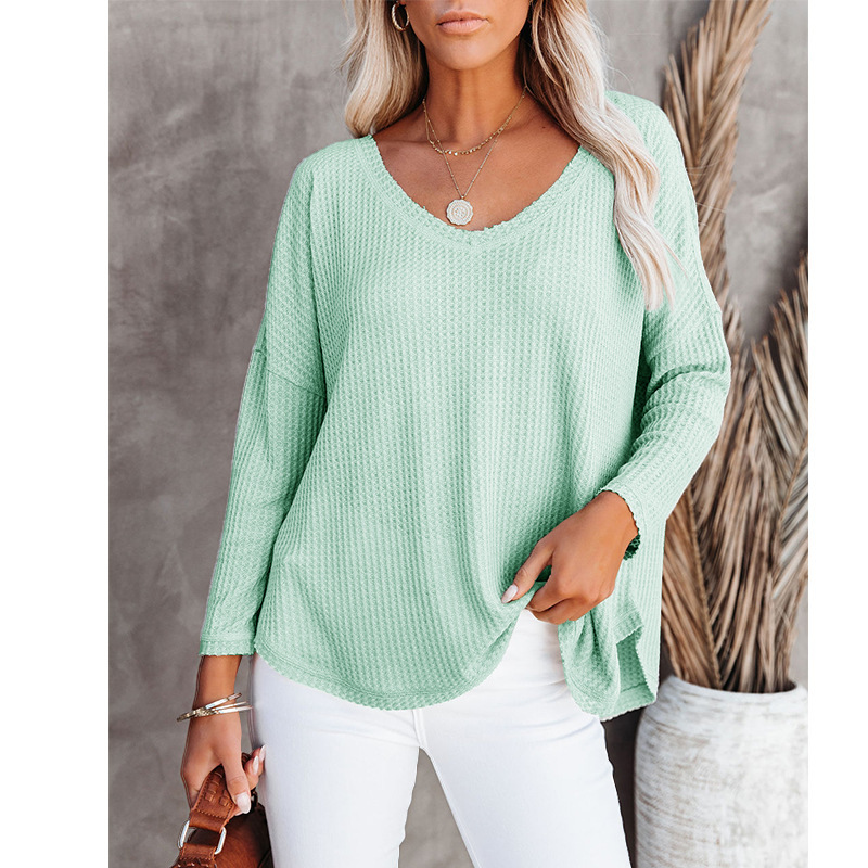New V-Neck Long-Sleeved Casual Loose Waffle T-Shirt Top