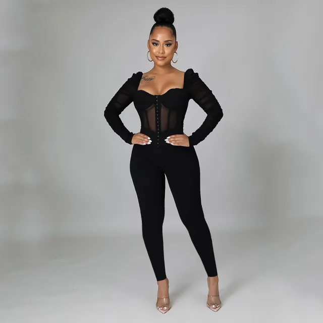 Autumn Sexy Tight Mesh Jumpsuit Black - Shop at LoveMi