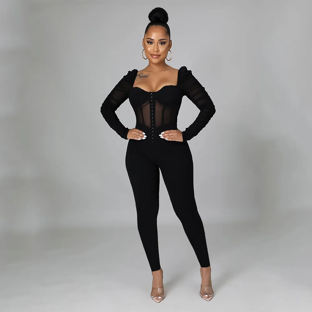Autumn Sexy Tight Mesh Jumpsuit - Black