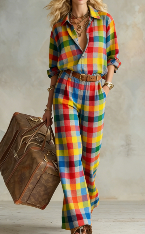Vertical Striped Collared Loose Long-sleeved Shirt And Wide-leg Pants Suit