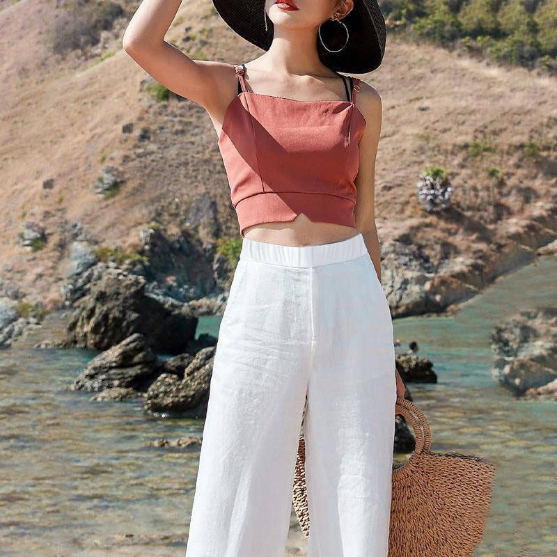 Loose Cotton And Linen Elastic High-rise Straight Wide-leg Pants