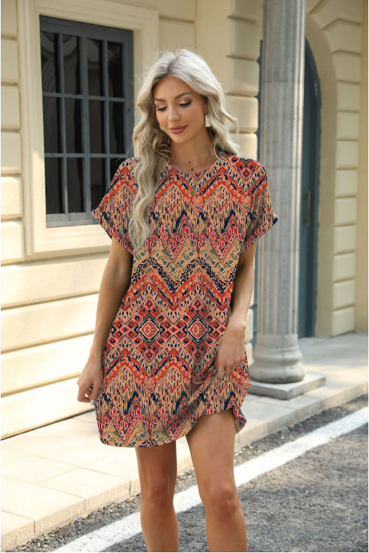 Loose Crew Neck Short Sleeve Printed Pocket Dress