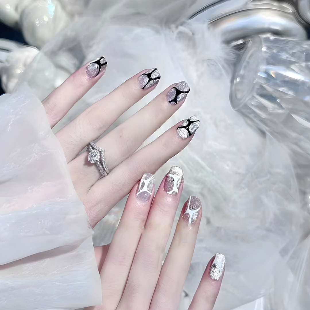 30 Pieces Of Short Rectangular Cat-eye Gradient Push-on 3D Gemstone-embedded Artificial Nails With Geometric Stripes Of Acrylic Nail Stickers, Including 1 Piece Of Jelly Glue And 1 Nail File.