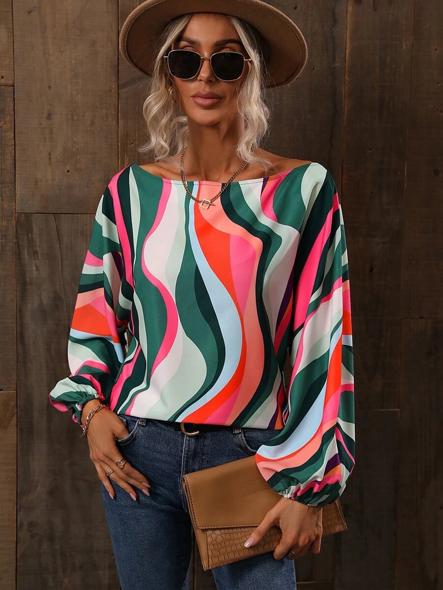 Title 7, Summer Painted Off-shoulder Bishop Sleeves Top