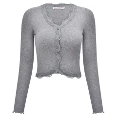 Lace-trimmed V-neck Paneled Long-sleeve T-shirt Top - Grey - View 1
