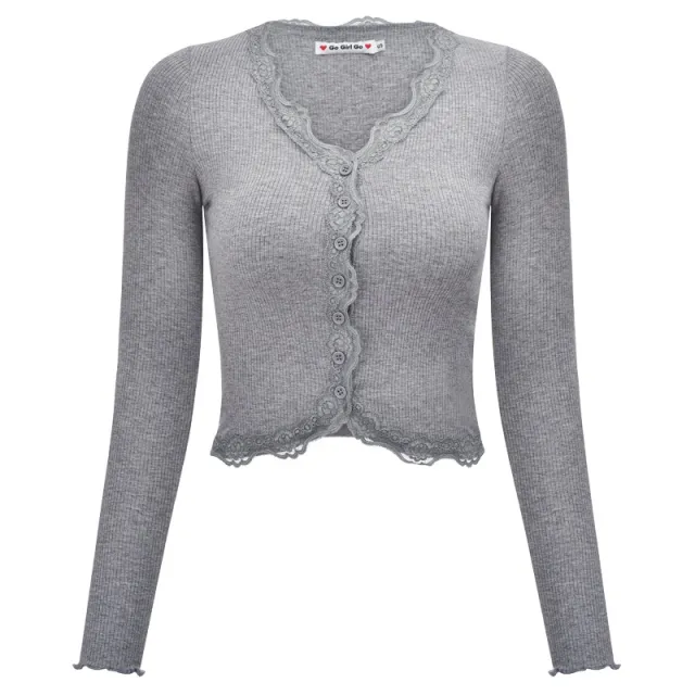 Lace trimmed V neck Paneled Long sleeve T shirt Top Grey - Shop at LoveMi