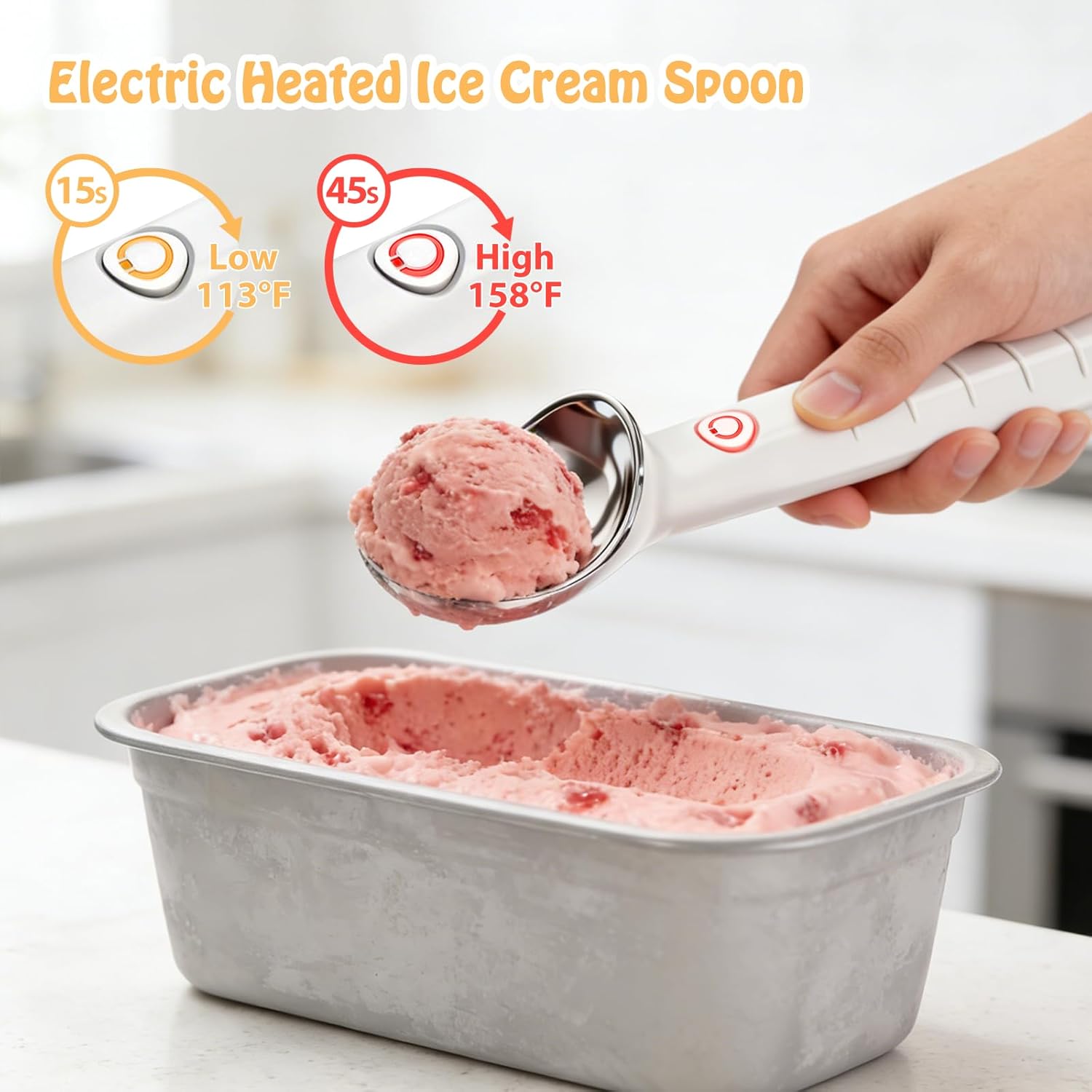 Heated Ice Cream Scoop Rechargeable Ice Cream Scooper With ON OFF Safety Switch, Ergonomic Nonstick Grip Handle For Gelato, Sorbet, Cookie Dough, Melon, Yogurt