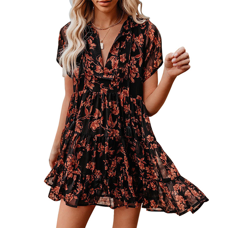 V-neck Tie Decorated High-waisted Ruffle Cake Skirt