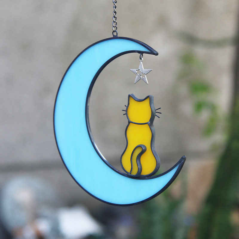 Title 4, Colorful Glass Pet Cat Dog Moon Window Ornaments