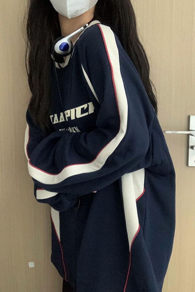 American Retro Contrasting Round Neck Sweater For Women